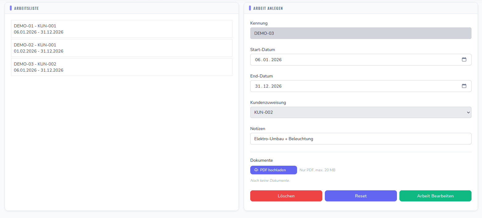 Auftragsdetails mit zugewiesenem Mitarbeiter und Status in TaskHive